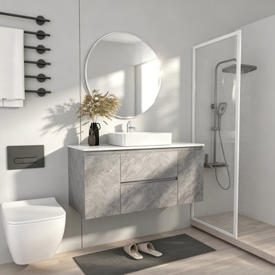 Meuble-lavabo mural de 122 cm (48 po), armoire suspendue contemporaine avec lavabo carré en céramique et design minimaliste