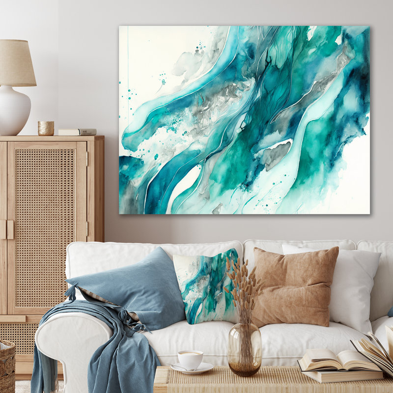 Turquoise Waves In Paradise I - décoration murale abstraite à l'encre liquide en métal, H 12 po x l 20 po x P 1 po