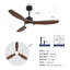 Ventilateur de plafond noir moderne de 52 pouces avec lumière et 3 pales en ABS avec moteur à courant continu réversible et télécommande