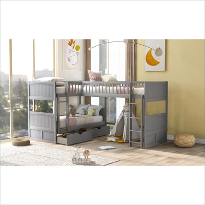 3-Person Capacity Clean-Lined Solid Pine Bed Frame, Twin Size Bunk With Attached Loft And Two Under-Bed Storage Drawers, Slate Grey