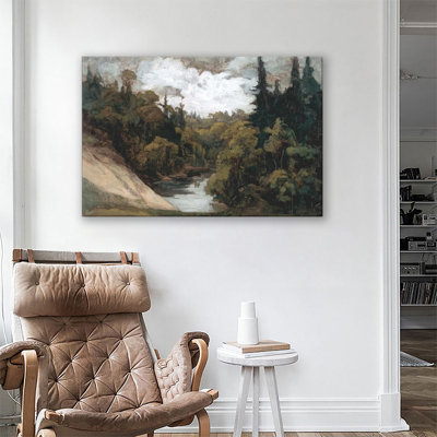 Lush Forest River Valley Impressionist Oil Painting, Large Gallery Wrapped Canvas Wall Art Print For Living Room Bedroom