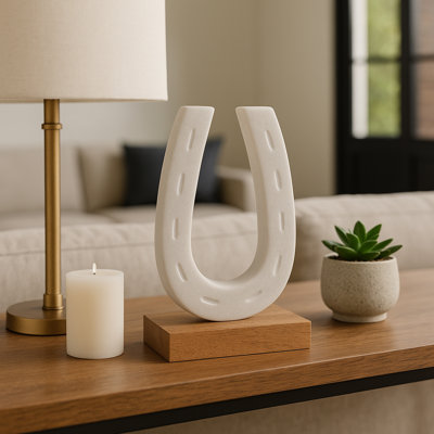 Decorative Marble Horseshoe Figurine Statue With Wooden Stand Base - Sculpture Home Decor For Office Or Living Room Decorations - 8", White & Brown