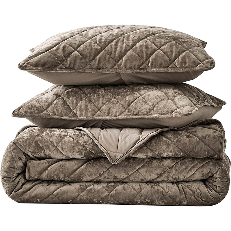 Diamond Stitch Reversible Plush Distressed Velvet Quilt Set, King Quilt + 2 King Shams, Taupe