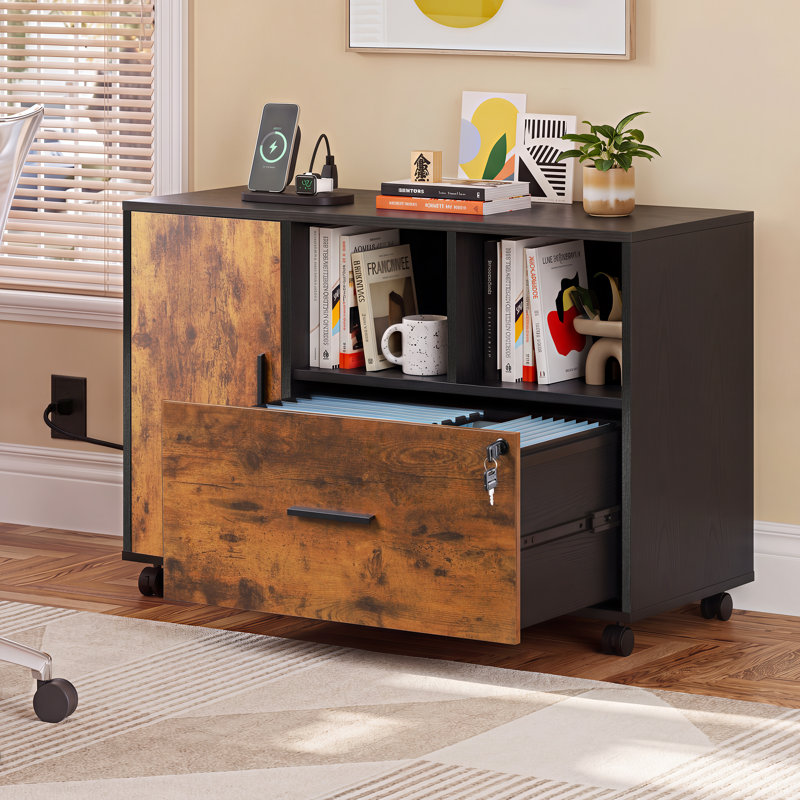 Cambrie 36.6'' Wide Mobile Wood File Cabinet with Shelves and Charging Station, Locking Filing Cabinet, Home Office Filing Cabinets, Full-Extension Filing Drawer & 360° Lockable Casters – Fits Letter/A4