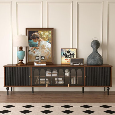Meuble télé 78,74 po en bois massif pour téléviseur de 85 à 85 po avec porte coulissante de style Mid-Century avec portes en verre arquées, fini noir et noyer
