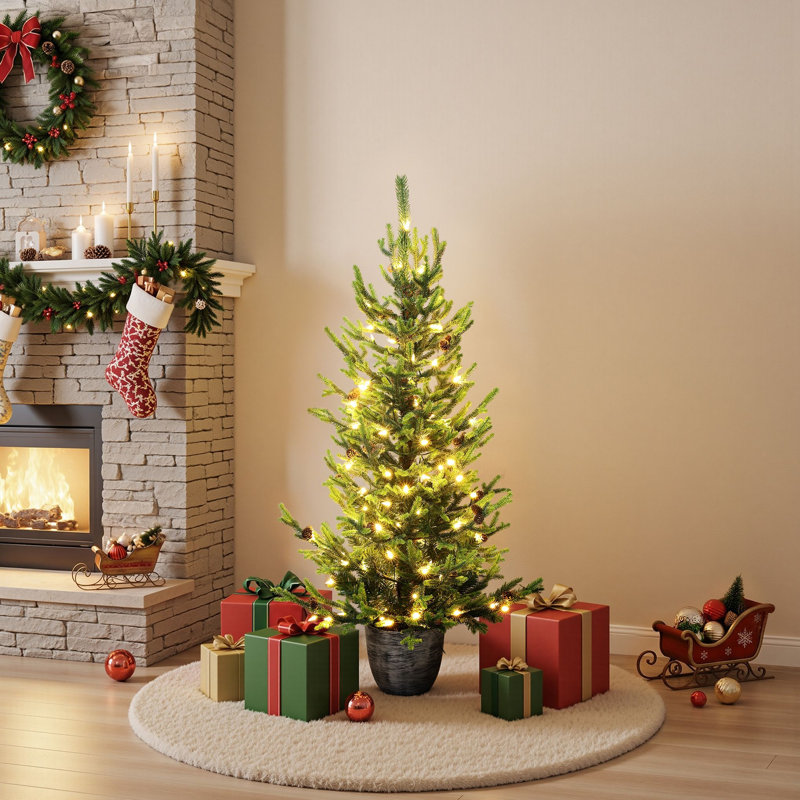 Sapin de Noël artificiel vert épicéa de 1,20 m (4 pi) préilluminé avec des pommes de pin dans un pot en argent brossé