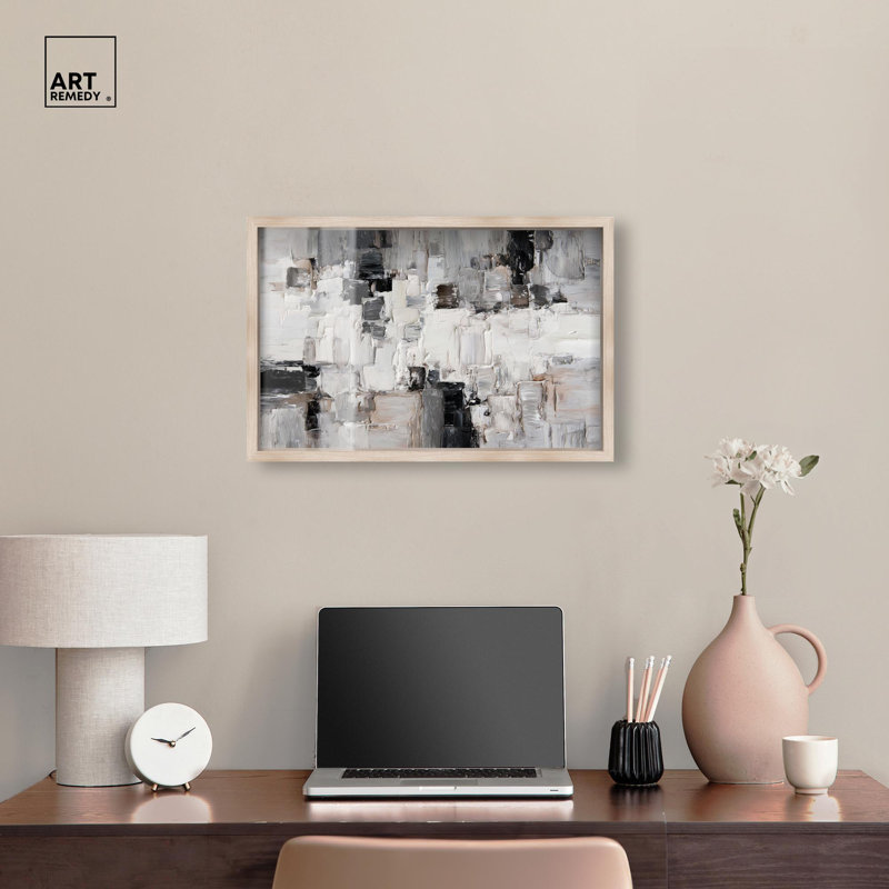 Art mural moderne en béton abstrait Shadowbox par Art Remedy, cadre blond, 25 x 17, H 17 po x l 25 po, Cadre blond