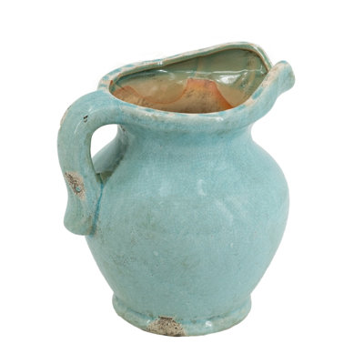 Tery Decorative Flower Vase With Handle, 9 Inch, Glazed Blue Terracotta