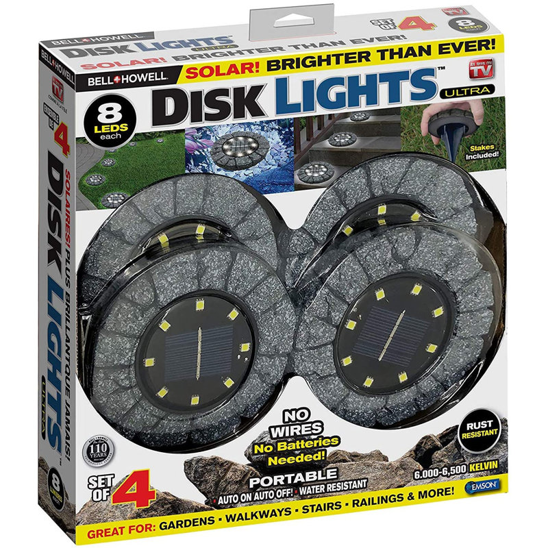 Stone Dark Gray Solar Powered LED Pathway Disk Lights, Set of 4
