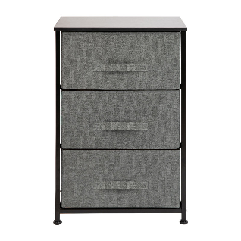 Colne 3 Drawer Vertical Storage Dresser with Wood Top & Fabric Pull Drawers, Black/Dark Gray