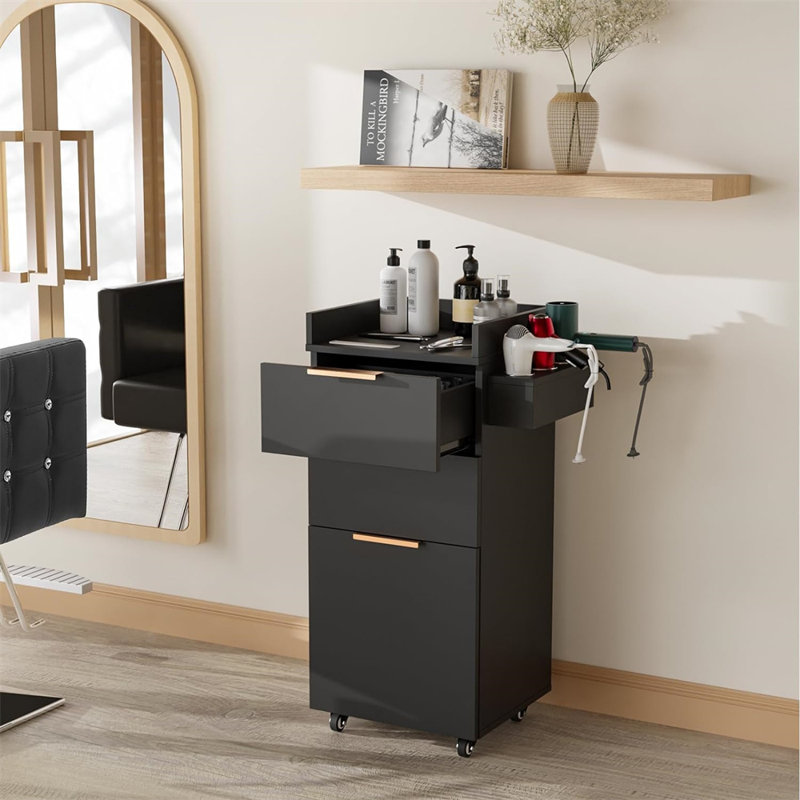 33.46 H x 15.74 W  Wood Salon Trolley Cart With 4 Wheels, Black