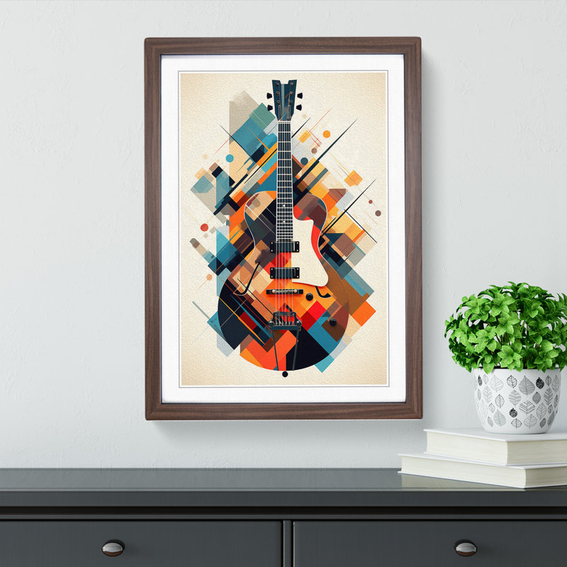 Electric Guitar Geometric No.3 - Single Picture Frame Print on Wood, Walnut, 46cm H x 34cm W x 2cm D