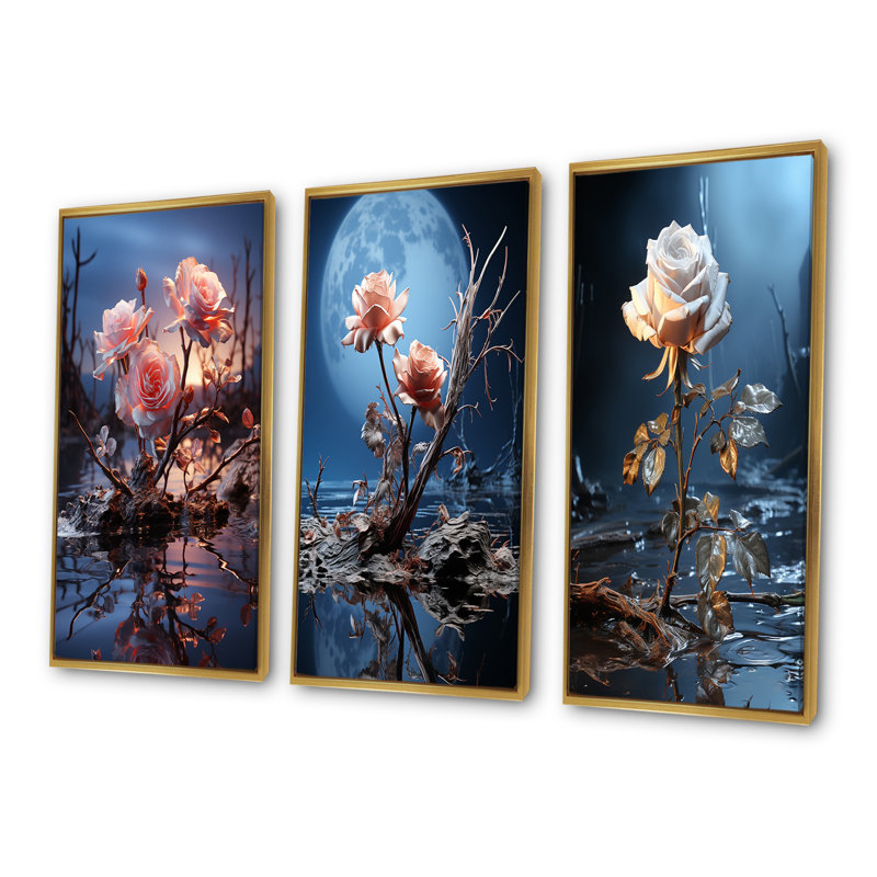Ensemble de salon 3 pièces Moonlit Flower Serenity Blooms I - Rose, Cadre flottant doré, H 40 po x l 60 po