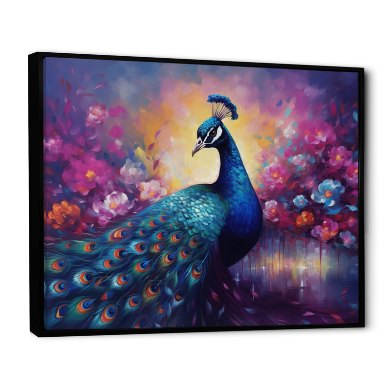 «Vibrant Peacock II» - art mural paon, H 12 po x l 20 po x P 1 po, Cadre flottant noir
