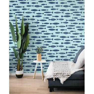 Blue Fish Removable Wallpaper, Beach Wall Decor, Cabin Wallpaper