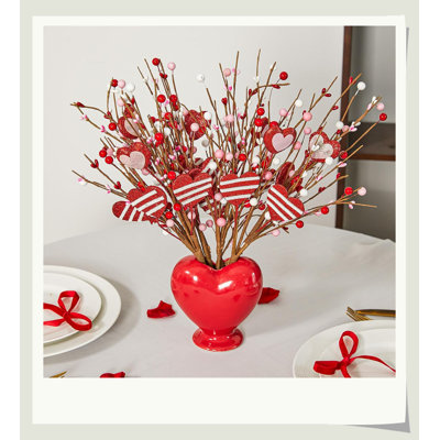 Hikma Heart Berry Stems 6PCS 15.7In, Pink Red Heart Decor, Versatile Vase Arrangement Gift For Girlfriend Friend