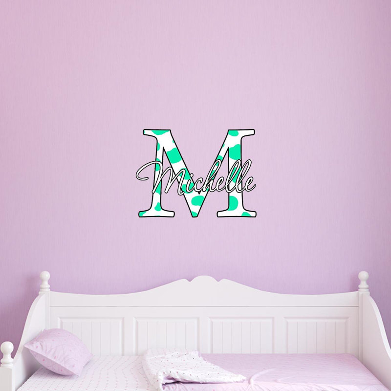 Décalcomanie murale nom imprimé monogramme, H 14 po x l 14 po x P 0,01 po, Turquoise, Oui