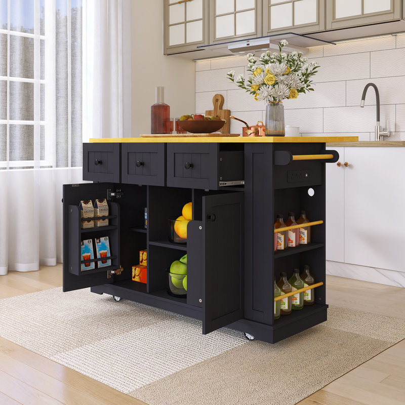 53" Drop-Leaf Countertop Kitchen Cart With Spice Rack & Towel Rack, Black