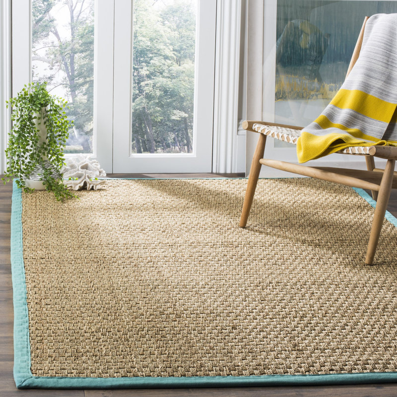Tapis naturel / bleu sarcelle en lattes de bambou / bleu sarcelle, Rectangle 4 pi x 6 pi