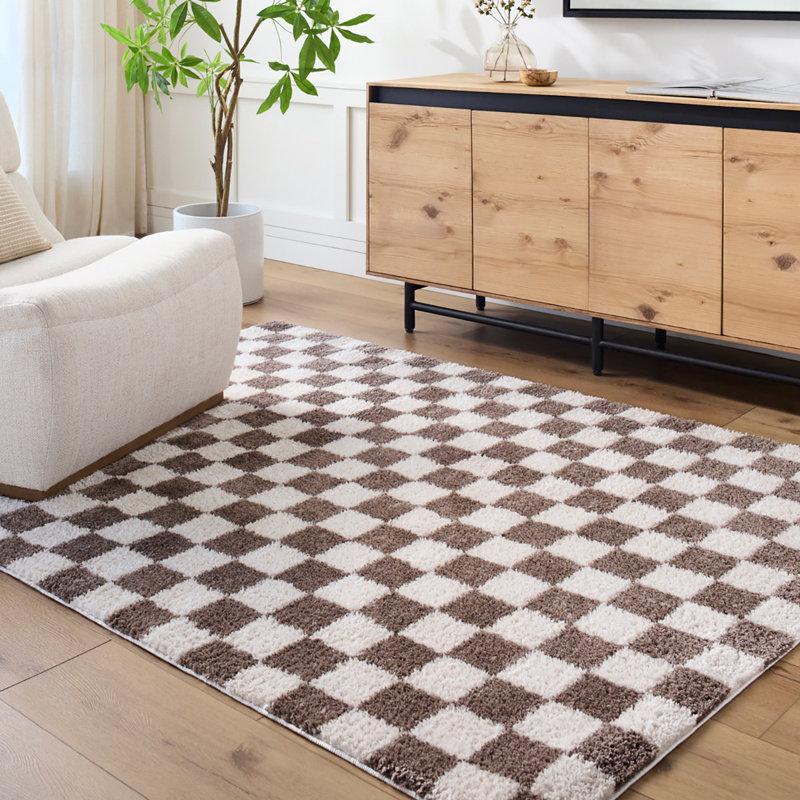 Brown Modern Shaggy Washable Rug, Chequered Anti-Slip Rug For Living Room, Dining Room, Bedroom, Kitchen