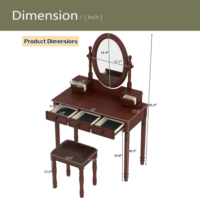 Vanity Desk With Adjustable Angle Mirror, Vintage Vanity Makeup Table And Cushioned Stool Set Lining 5 Drawers,Wooden Dressing Table Set For Bedroom