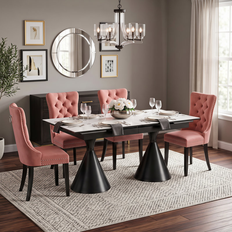 Ensemble de salle à manger extensible Modern Glam, 5 Pieces: Table, 4 Chairs, Rose