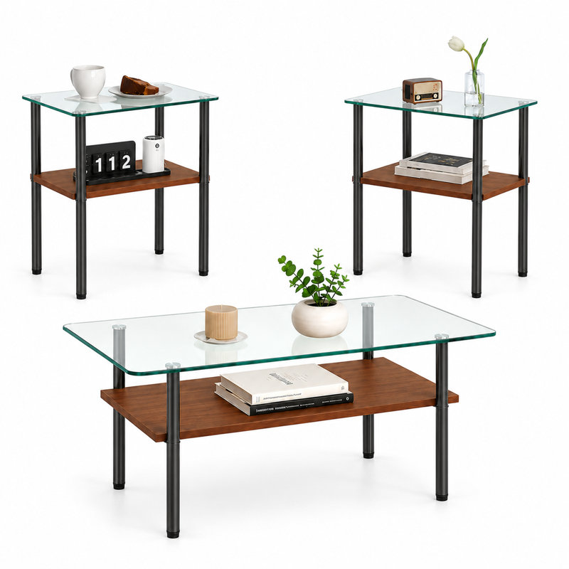 Ensemble de 3 tables basses modernes avec 2 tables de bout, plateau en verre trempé et tablette de rangement, ensemble de meubles de salon