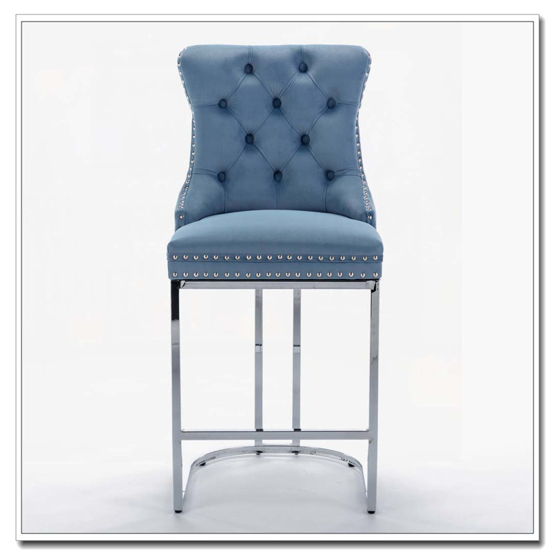 Tabourets de bar en velours avec dossier et garniture de rivets, Bleu clair