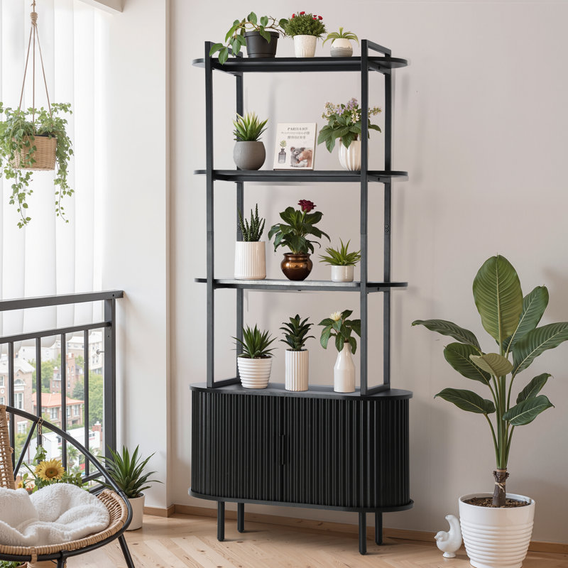 Bookshelf, 71" Tall Bookcase W/Storage Cabinet, Book Shelves Stand W/Fluted Sliding Doors, 4-Tier Open Display Shelf Organizer For For Bedroom Living Room Home Office Bathroom, Black