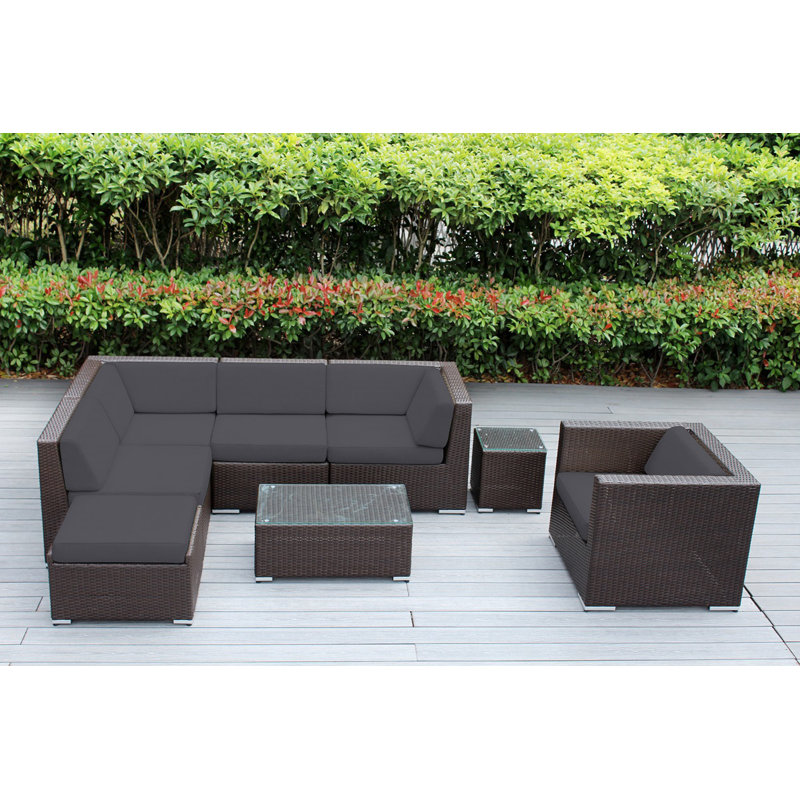 Ensemble de conversation en osier pour 6 personnes avec coussins - aucun assemblage, Brun foncé