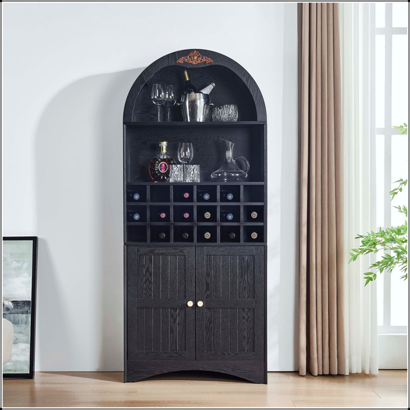 Armoire à vin arquée avec support à vin amovible et tablettes réglables, Noir