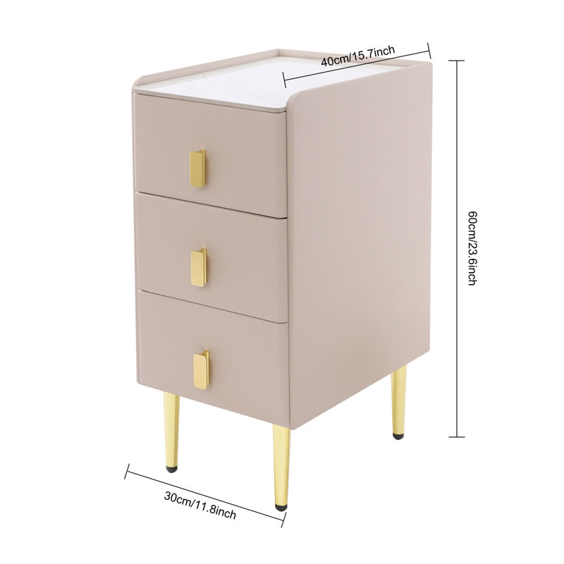 11.8" Ultra-Narrow Upholstered Nightstand with 3 Drawers, Modern Leather Bedside Table for Small Spaces