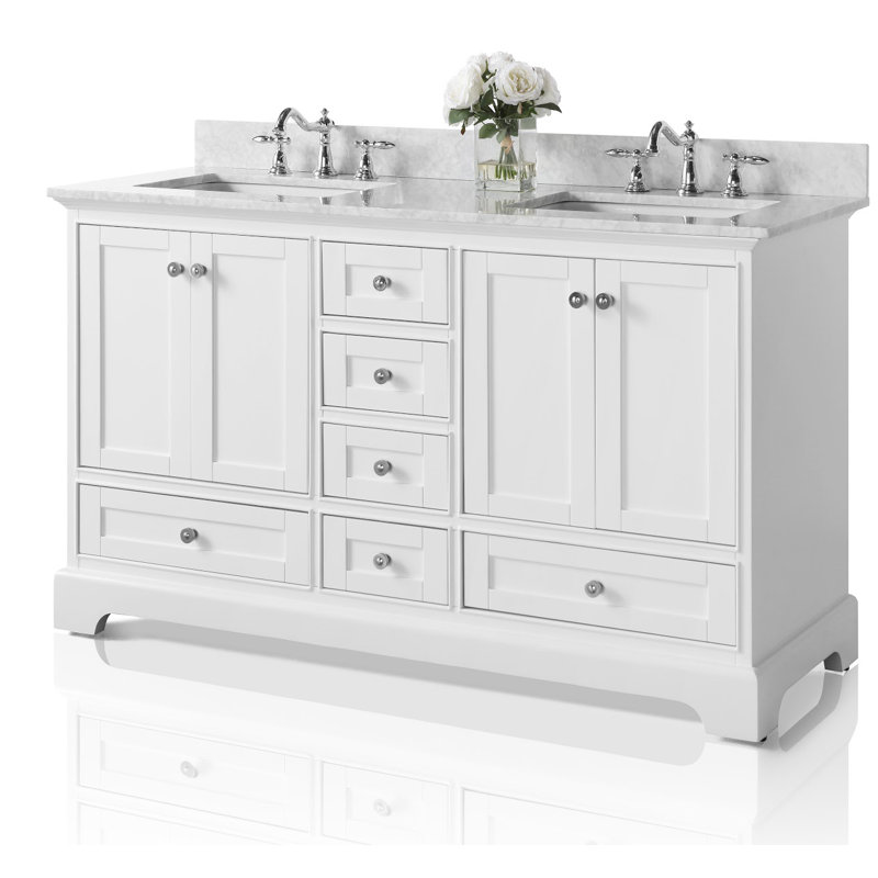 Audrey 60'' W Double Vanity, White, Carrara White, Brushed Nickel