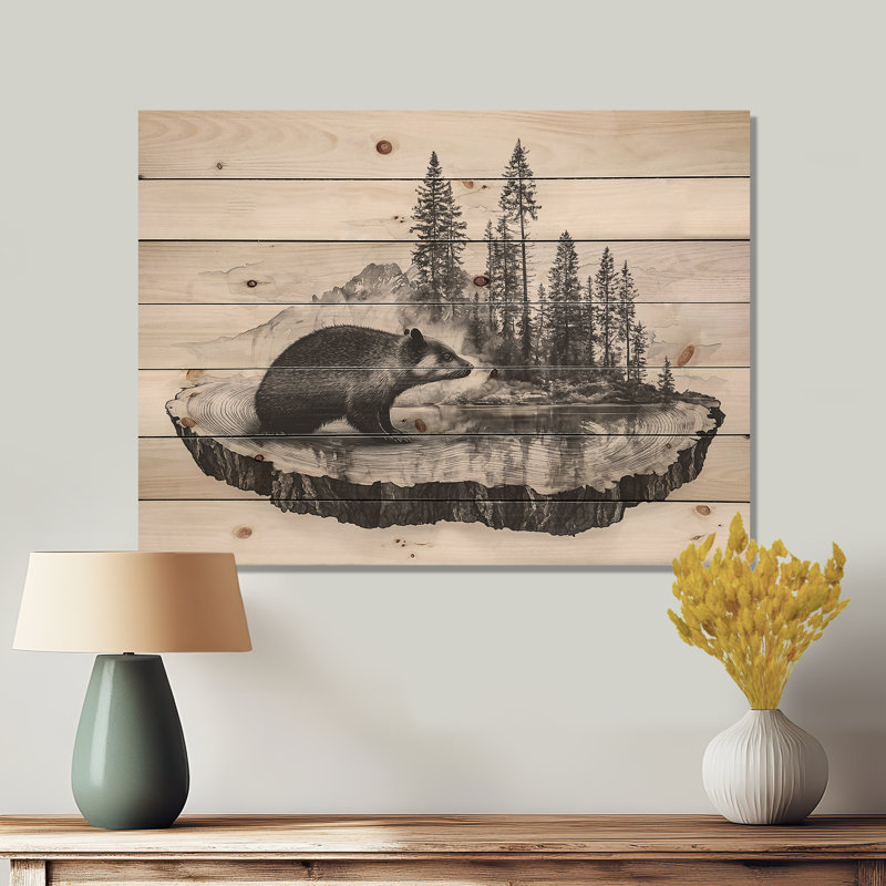 Beaver In Pine Monochrome Wood Slide II - Beaver Wood Print - On Natural Pine Wood, 10" H x 20" W x 0.78" D