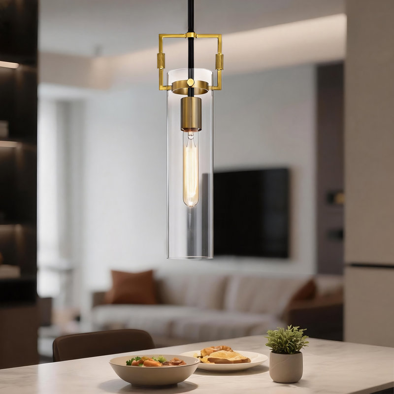Black and Antique Gold 1-Light Mini Pendant with Clear Cylindrical Glass Shade, Black/Antique Gold, 1