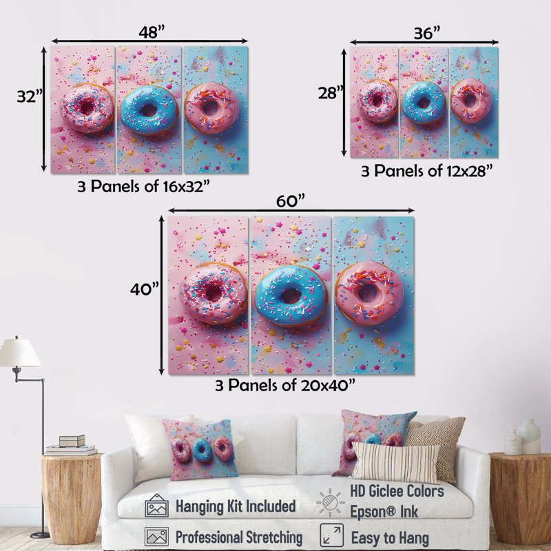 Ensemble de décorations murales délicieuses roses et bleues «Sparkle Donuts I», Toile tendue, H 40 po x l 60 po x P 1 po