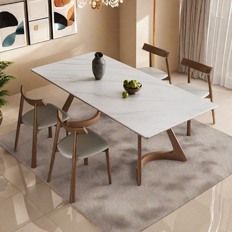 Ash wood rock slab rectangular dining table set, 29.52"H x 55.11"L x 31.49"W