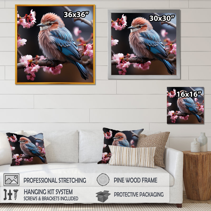 «Pink Bird In Winter Charm I», art mural oiseau, Cadre flottant noir, 36" H x 36" W