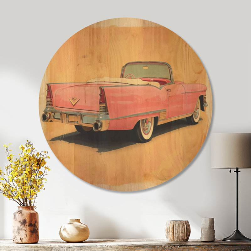 Pink Cadillac Summer I - Tableau mural rond vintage en bois, Rond 23 po, Rond