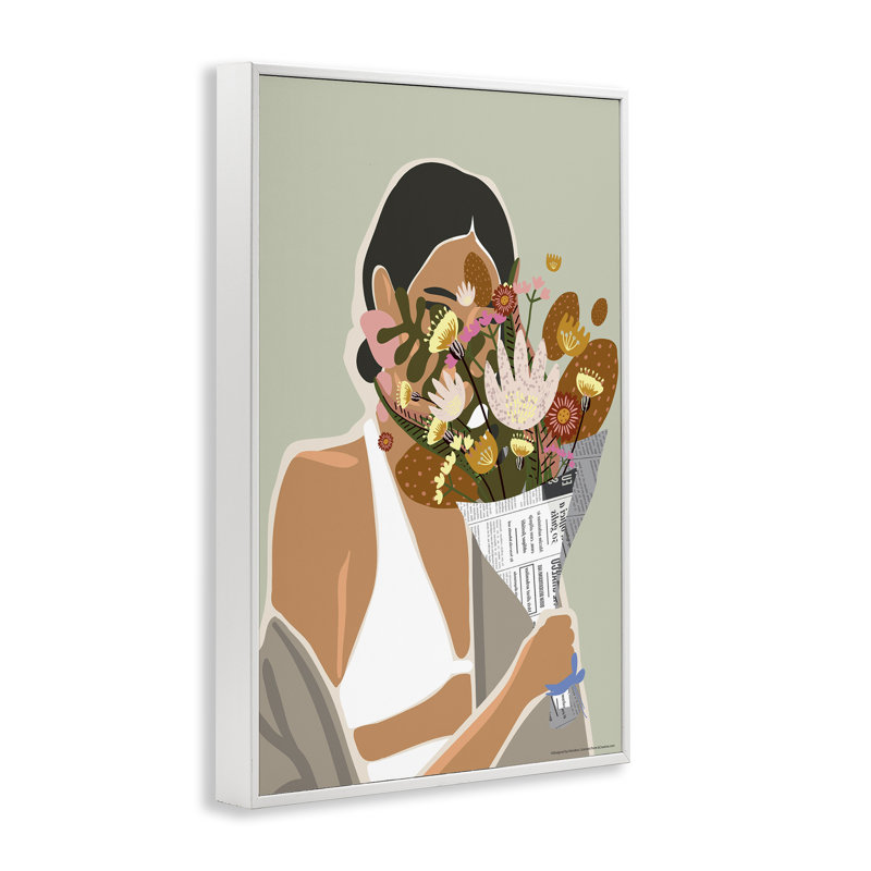 «Woman & Plant Bouquet», art giclée par Reinders, Estampe numérique encadrée blanc bord de mer, H 24 po x l 16 po