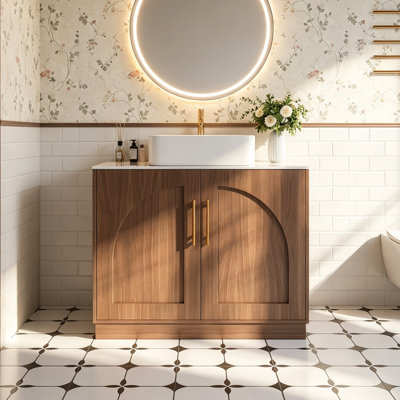 Meuble-lavabo de salle de bain moderne du milieu du siècle de 91 cm (36 po) avec comptoir en pierre frittée blanche, lavabo en céramique et armoire de rangement réglable, meuble-lavabo en bois brun pour salle de bain
