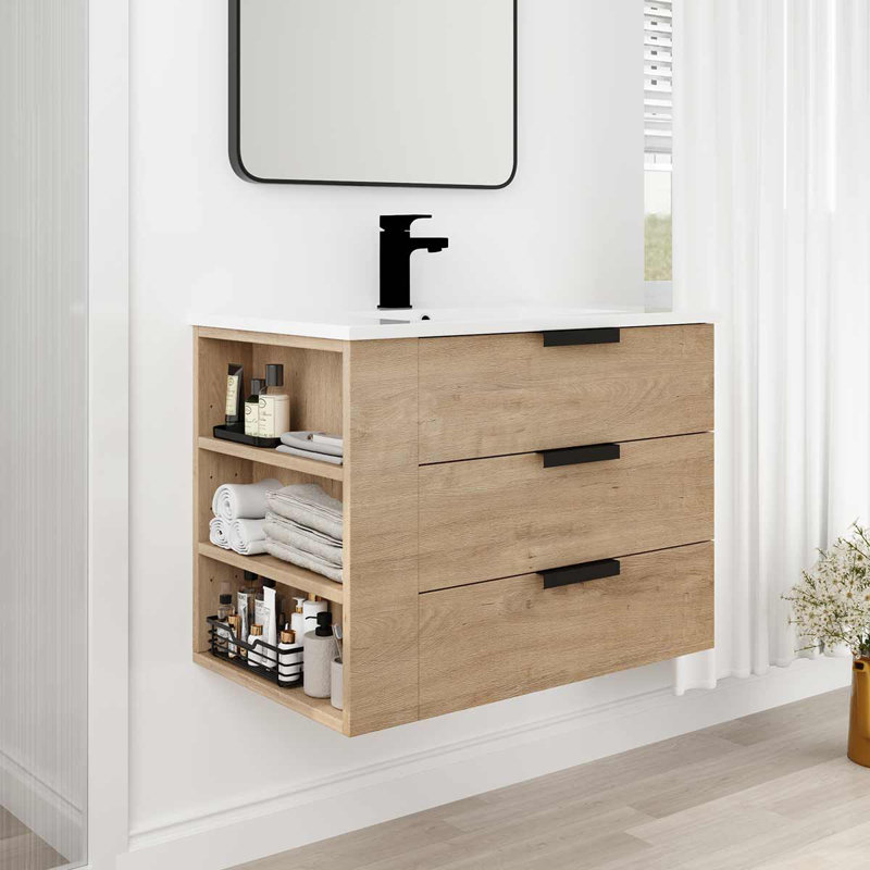 Meuble-lavabo mural simple 30 po avec plateau en résine Kaushiki