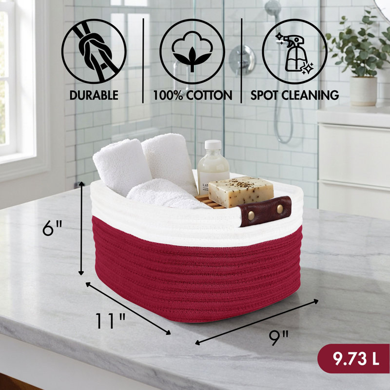 Reva Collection 100% Cotton Storage Basket, Woven Rectangular Organizer Bin, 11" x 9" x 6", for Shelf Storage, Closet Organization, Bathroom, Nursery, Pantry & Office, Decorative Basket, Red