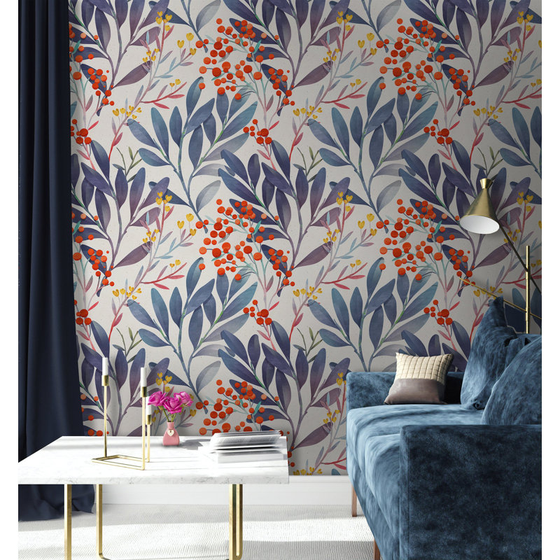 Papier peint amovible à motif floral de brindilles et de feuilles sur fond blanc, L 75 po x l 112 po