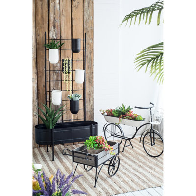 Antique Brown Trolley Cart Planter With Wheels And Two Back Legs, 24.4X12.6X15.4 Inches, 9.9 Lbs Rustic Plant Stand Rectangular Pine Pieces Wheels,