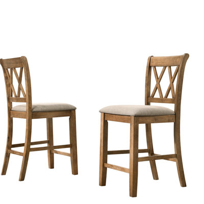 2 Tan Upholstered Counter Height Dining Chairs - Hardwood With Cut-Out And Timeless Appeal Chairs, Of 2, Captivating Linen-Feel Fabric