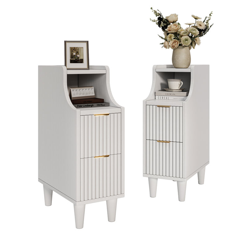 Table de chevet étroite de 7,87 po avec 2 tiroirs et 2 tiroirs et rangement, Blanc
