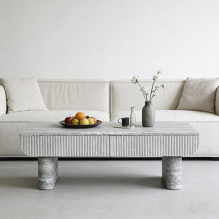 Coffee Table With Grey Wood Texture Tabletop, Mid Century Modern Coffee Table With Fluted Drawer, Coffee Table For Living Room, Office, Coffee Table