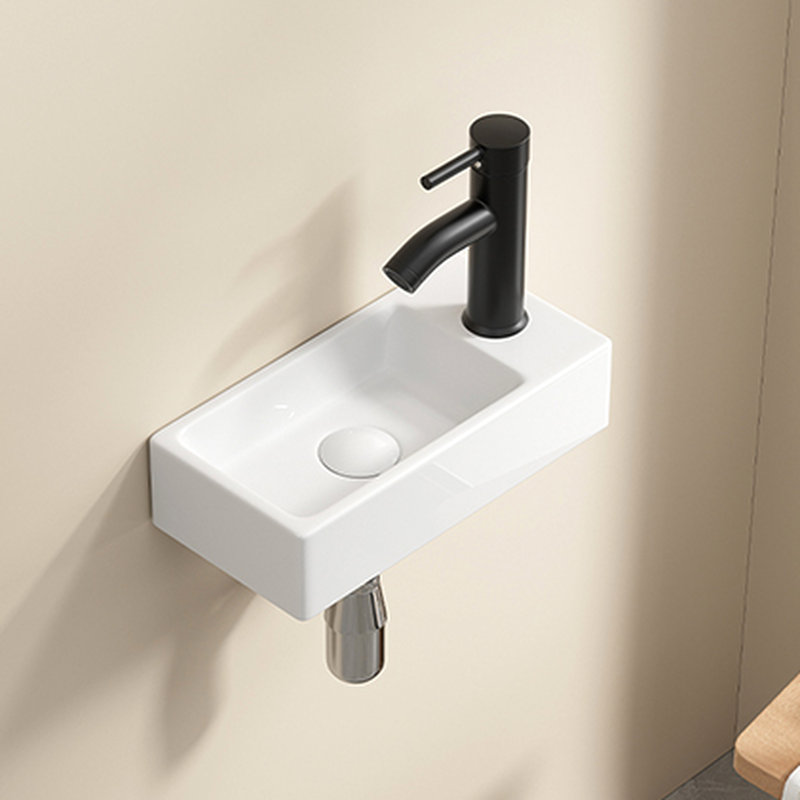 Wall Hung Rectangle Ceramic Wash Basin, Small Milk White American Traditional Cloakroom Sink, 14*7*3Inch, Left Hand, Single Tap Hole For Bathroom Style, Hole, Ideal And