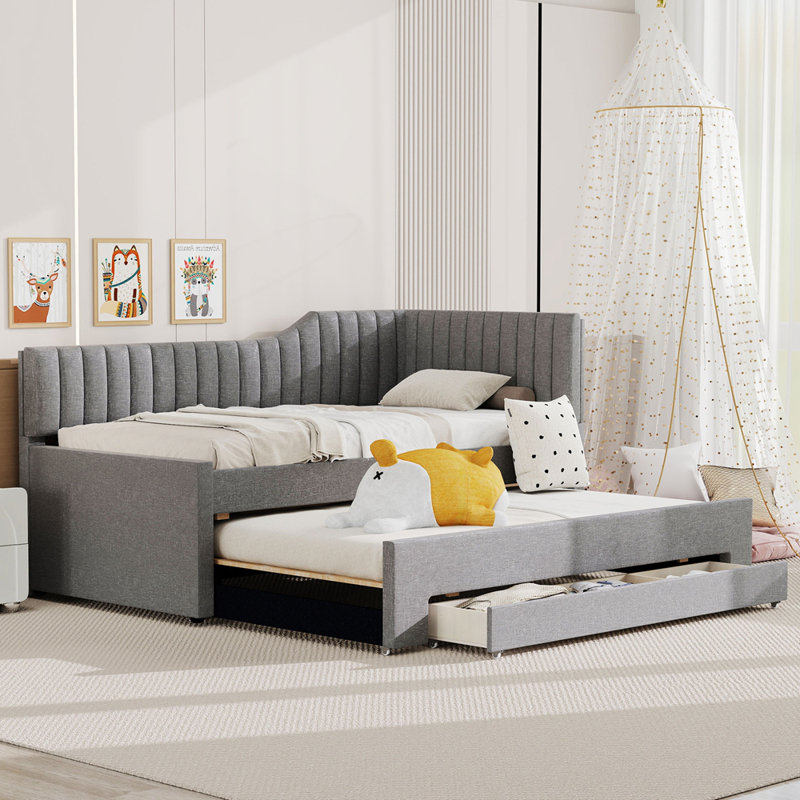 Lit de jour simple tapissier avec couchette et trois tiroirs, gris, Simple